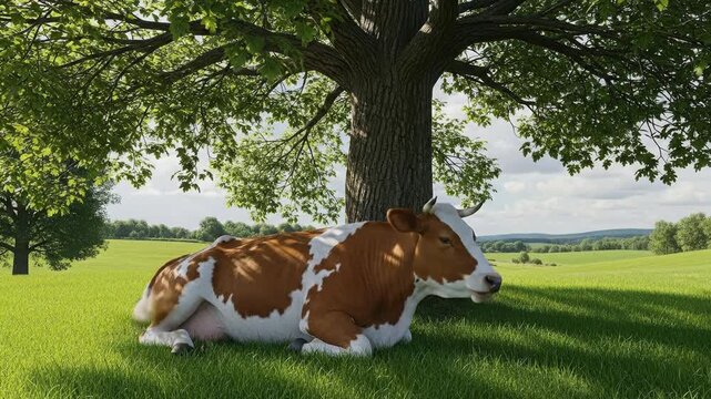Cow resting under tree in grassy field sunlight