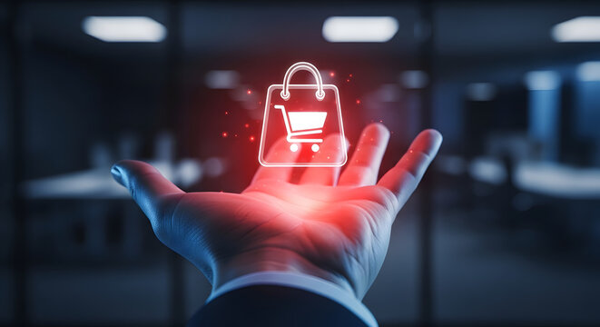 A businessman's hand holds a glowing holographic shopping bag icon with a cart symbol.