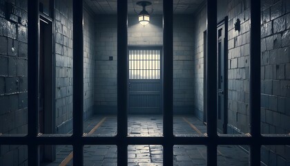 Dark Jail Interior Background with Metal Bars and Moody Dramatic Lighting