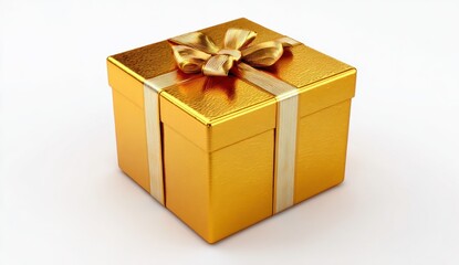 Obraz premium Luxurious Golden Gift Box With Elegant Ribbon And Bow Isolated On White Studio Background