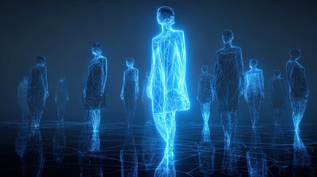 Futuristic digital avatars converge in a glowing blue metaverse, a mesmerizing display of technological innovation and human representation. ..Created with Generative AI, not depicting real subjects.
