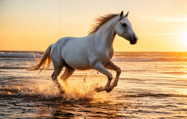 Obraz premium White horse galloping along a sunlit beach at sunset