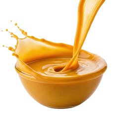 Golden caramel sauce pouring into ceramic bowl isolated on transparent background