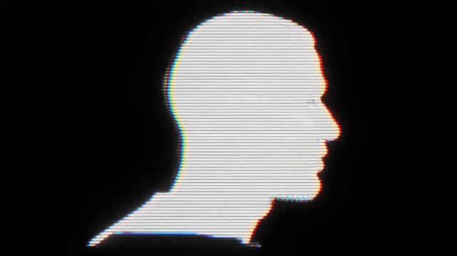 Abstract digital human head profile silhouette with glitch distortion and CRT scanlines