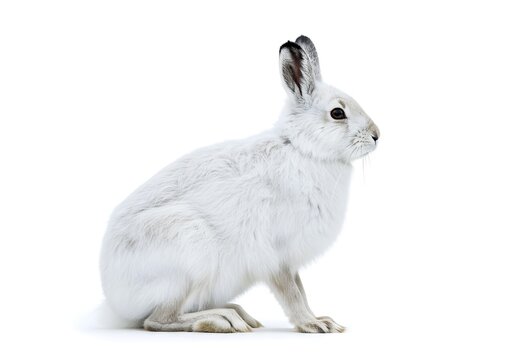 White rabbit sitting on a white background with its head turned to the right and ears perked up