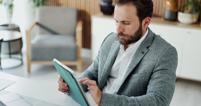Business, tablet and man in workplace, typing and email for news report submission. Person, copywriting or journalist in office, tech or website to check facts, internet or ideas for creative project