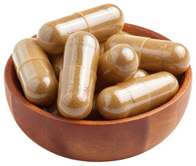 supplement capsules on a small wooden plate isolated on transparent background