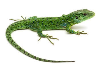 Obraz premium A vibrant green lizard with blue speckles on its body and a long tail, isolated on a white background, showcasing its detailed scales and claws.