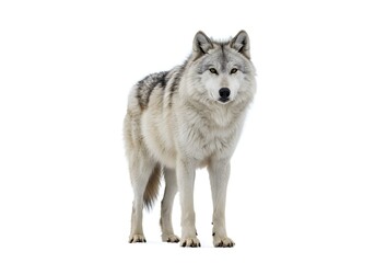 Fototapeta premium Majestic gray wolf standing alertly on a white background, showcasing its thick fur and piercing gaze.