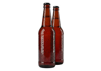 Brown Glass Beer Bottles with Condensation Isolated on White and Transparent Background