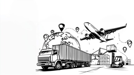 Naklejka premium black and white vector line drawing of global logistics, a truck with cargo boxes on the road, an airplane flying, a globe, a forklift loading a container, and location pins over a map.Transport indus