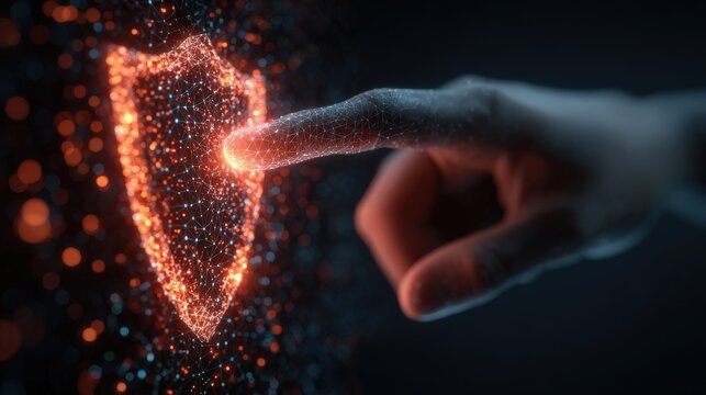 A glowing shield is touched by the fingertip, digital security and cybersecurity. ..Created with Generative AI, not depicting real subjects.
