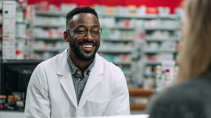 Fototapeta premium A smiling African American pharmacist, wearing a white lab coat and glasses, interacts cheerfully with a customer at a well-lit pharmacy. Shelves stocked with various medical products are visible