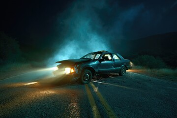 Obraz premium Abandoned Crashed Vehicle in Dark Street with Cinematic Tension