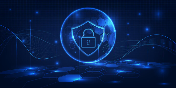 Vector illustration of cyber security artwork and background with futuristic blue shield and padlock on the cyberspace. 