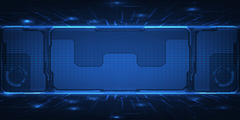 Vector illustration of Abstract blue digital hi tech background with horizontal grid panel and digital hi tech frame. © Alleachday