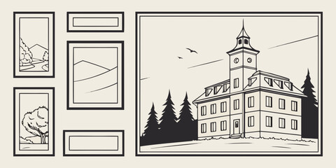 A detailed illustration of a grand building with a clock tower surrounded by trees.