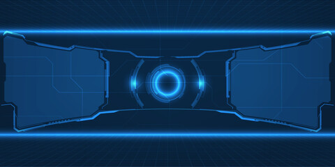 Futuristic digital space layout with wide curve screen with hi tech circle HUD.Vector illustrations. © Alleachday
