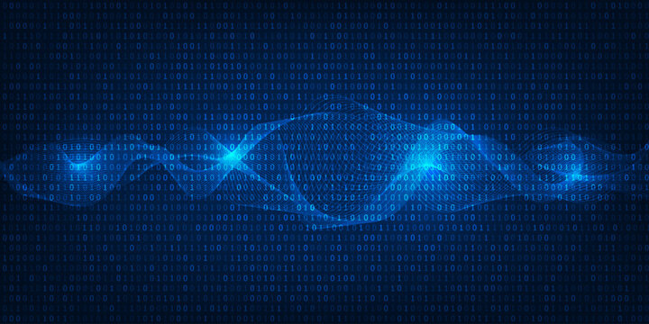 Vector illustration of a wave wireframe flying on the binary code blue background.