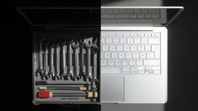 A conceptual image comparing the tangible to the digital realm, showcasing a laptop with a toolkit integrated into it