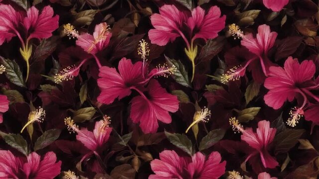 A vibrant video showcasing a stunning floral pattern with beautiful pink flowers and lush green leaves in a serene natural setting.