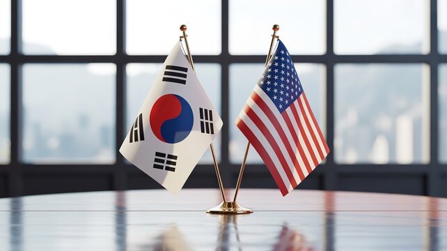 South Korean and American flags on table in modern office
