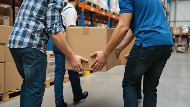 Warehouse workers transporting cardboard box for logistics