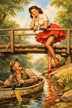 Whimsical vintage pin up scene of a woman in red skirt playfully leaning from a wooden bridge above a stunned fisherman in a rowboat, great for humorous retro romance campaigns.