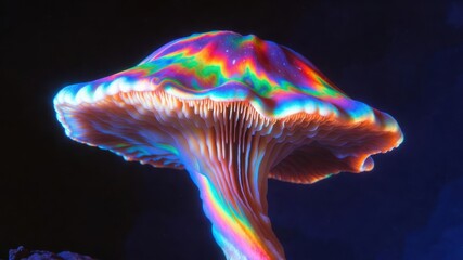 Fototapeta premium Vibrant rainbow mushroom with luminescent colors against dark background.