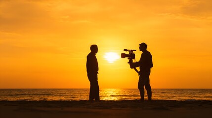 Fototapeta premium Silhouette Filmmaking: Two figures silhouette against a vibrant sunset sky by the sea, engaged in filmmaking. One operates a camera capturing the scene, while the other faces them as the subject