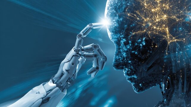 A cyborg and a human engage in a unique interaction as technological singularity and human intelligence merge. ..Created with Generative AI, not depicting real subjects.