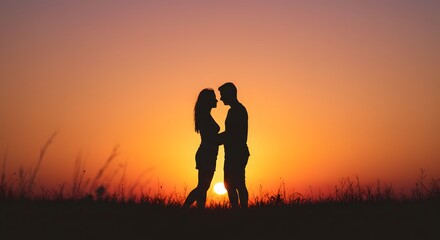 Silhouetted couple embracing against vibrant sunset sky. They are close, holding each other