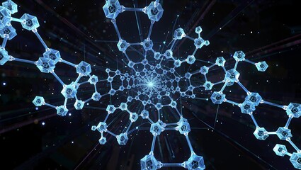 Futuristic digital network visualization with glowing blue nodes and connections radiating from a central core, representing data flow, artificial intelligence, and advanced technology systems.