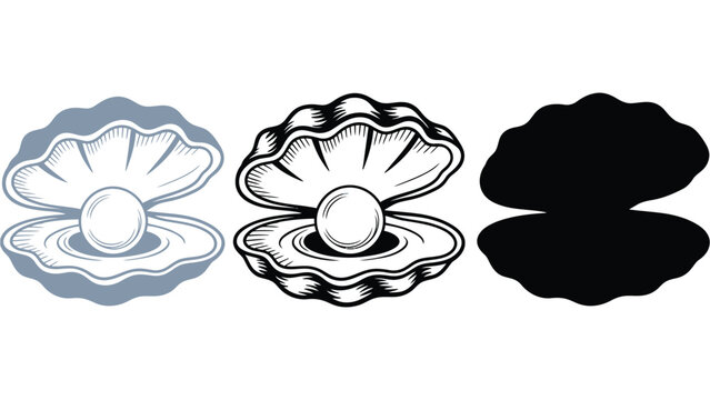 Oyster shell vector illustrations with pearls in different styles and colors