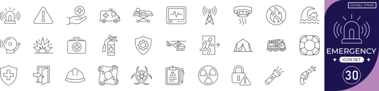 emergency icon set  first aid, medical, ambulance, rescue, safety, fire, help, siren, accident, hospital; editable line icons, vector illustration for health and security.