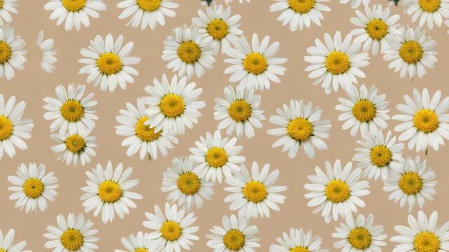 A serene video showcasing a vibrant pattern of white daisies with yellow centers on a soft peach background