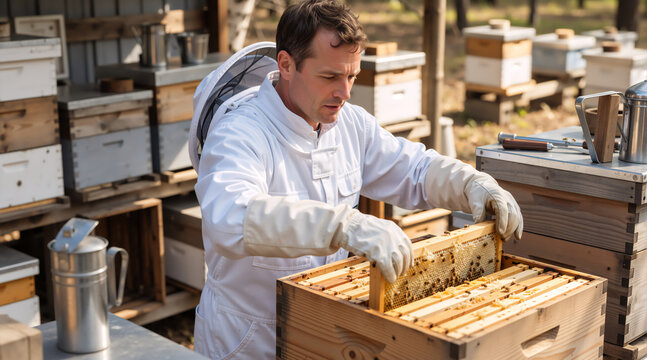 Beekeeper inspecting honeycomb frame in apiary. Man in protective suit working with bees and wooden hives outdoors