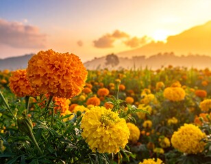 Vibrant orange and yellow flowers in a field at sunset