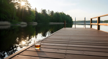 Naklejka premium A wooden dock on a lake with trees in the background
