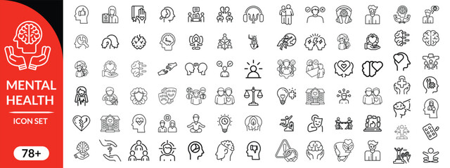 Mental health icon set. Containing depression, bipolar, PTSD, panic and mind disorder icons. Psychology solid symbol vector illustration © designer