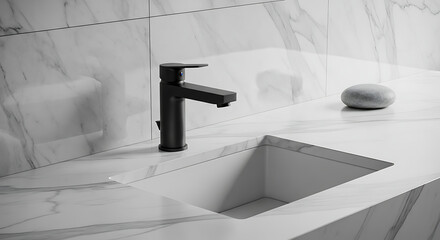 A modern bathroom design featuring a black faucet against a white marble countertop and sink basin.