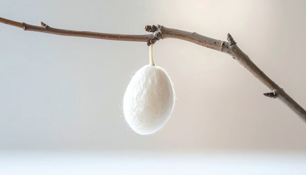 White Silkworm Pupa Encased in Cocoon Hanging from Tree Branch