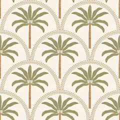 Vintage palm tree seamless pattern with arch motifs on beige. Ideal for boho, tropical decor, wallpaper, and fabric design. © windmill