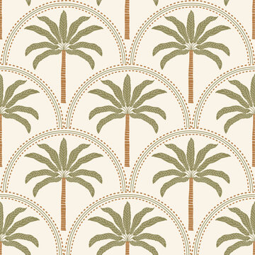 Vintage palm tree seamless pattern with arch motifs on beige. Ideal for boho, tropical decor, wallpaper, and fabric design.