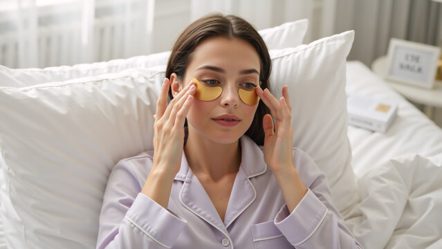 Young woman applying gold eye patches in bed. Morning skincare routine and beauty treatment. Female in purple pajamas using hydrogel under-eye masks for skin care