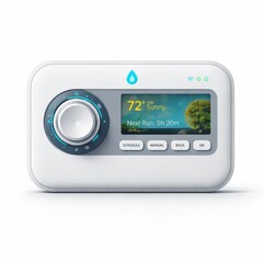 Fototapeta premium Modern smart irrigation controller with rotary dial and bright color weather screen, ideal for illustrating connected gardening, lawn care automation and water savings.