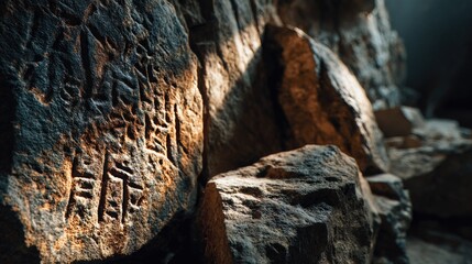 Fototapeta premium Centuries Old Stone Engravings in Directional Light – Moody Historical Wall Relief Detail 