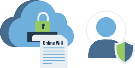 Obraz premium Modern flat illustration of online will document with cloud security, padlock, and shield icon. Concept of digital estate planning, data privacy, cybersecurity, and legal tech protection.
