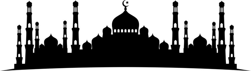 Islamic Mosque Silhouette Flat Design with Crescent Moon