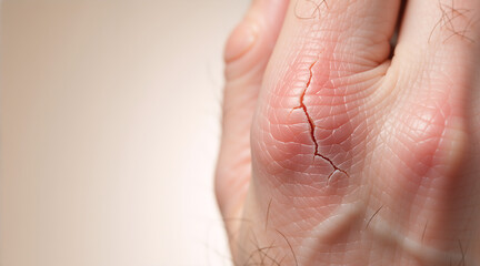 Fototapeta premium Close up of cracked skin on a finger knuckle. Severe dry skin and dermatitis on hand. Medical condition of painful skin fissure